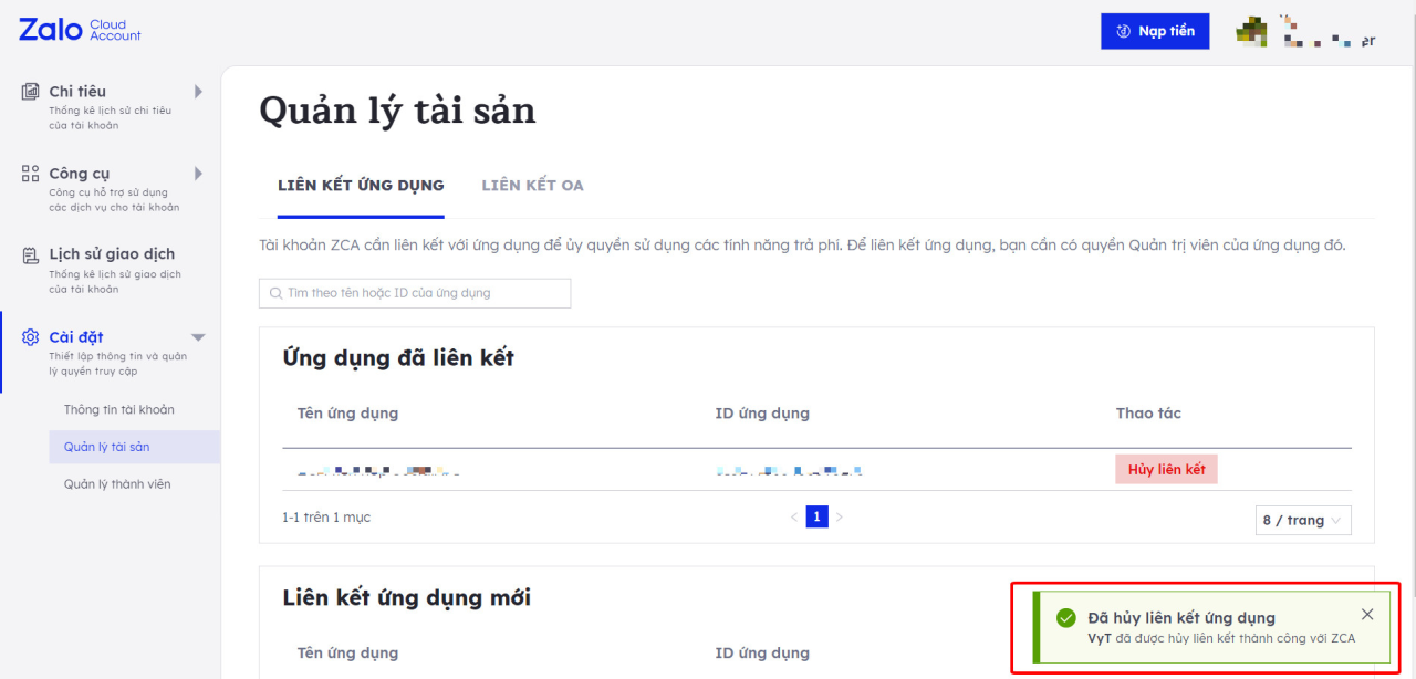 hủy liên kết OA/App ID với tài khoản Zalo Cloud Account (ZCA)