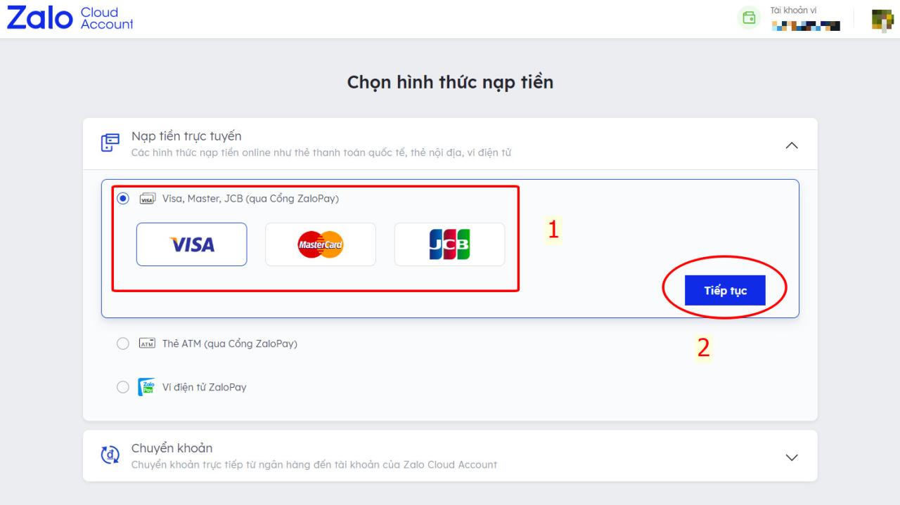 Quy trình nạp tiền vào tài khoản Zalo Cloud Account