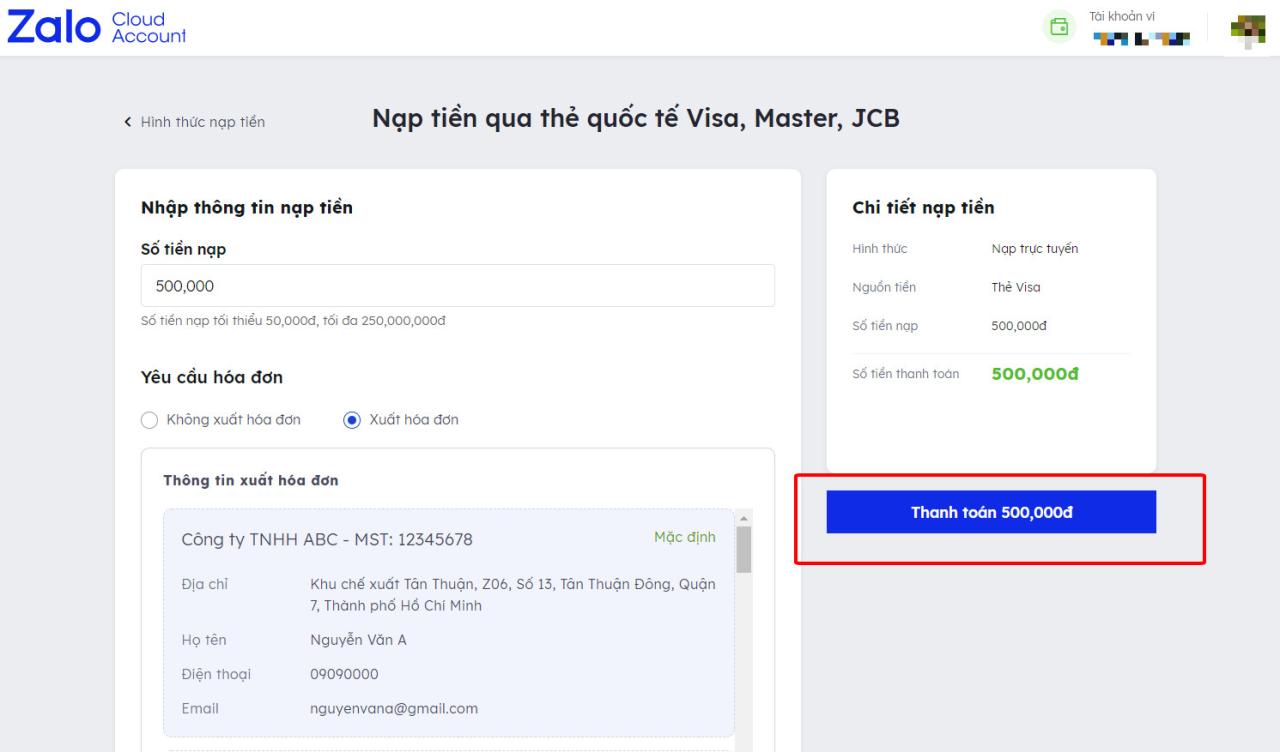 Quy trình nạp tiền vào tài khoản Zalo Cloud Account 4