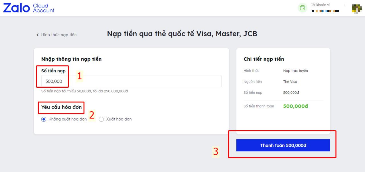 Quy trình nạp tiền vào tài khoản Zalo Cloud Account 2