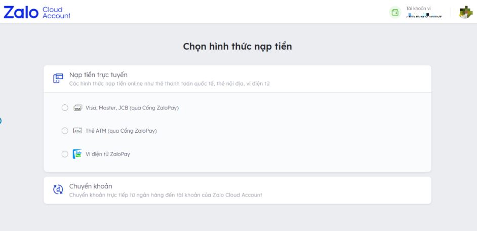 Cách nộp tiền vào ZCA - Zalo Cloud Account 2