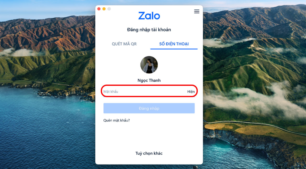 Đăng nhập Zalo thông qua SĐT và mật khẩu 1