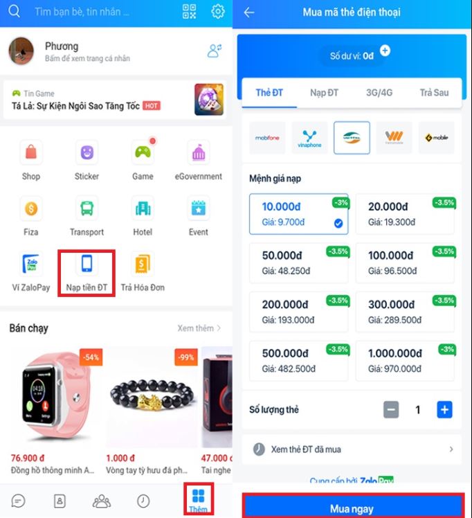 Nạp tiền điện thoại, mua 3G/4G trên Zalo 4